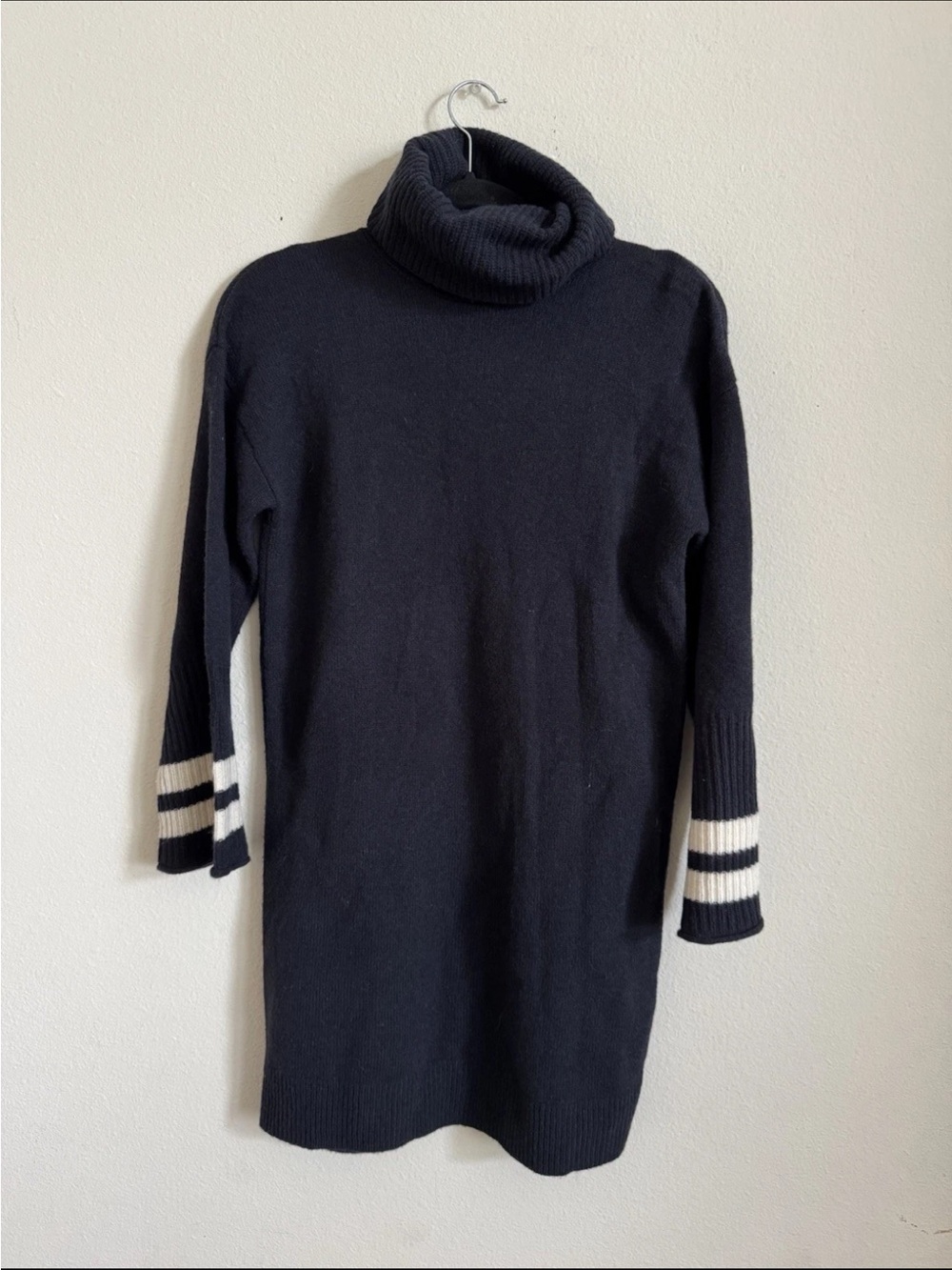 Madewell Merino Wool Bell Sleeve Turtleneck Sweater Dress Stripe navy blue XS